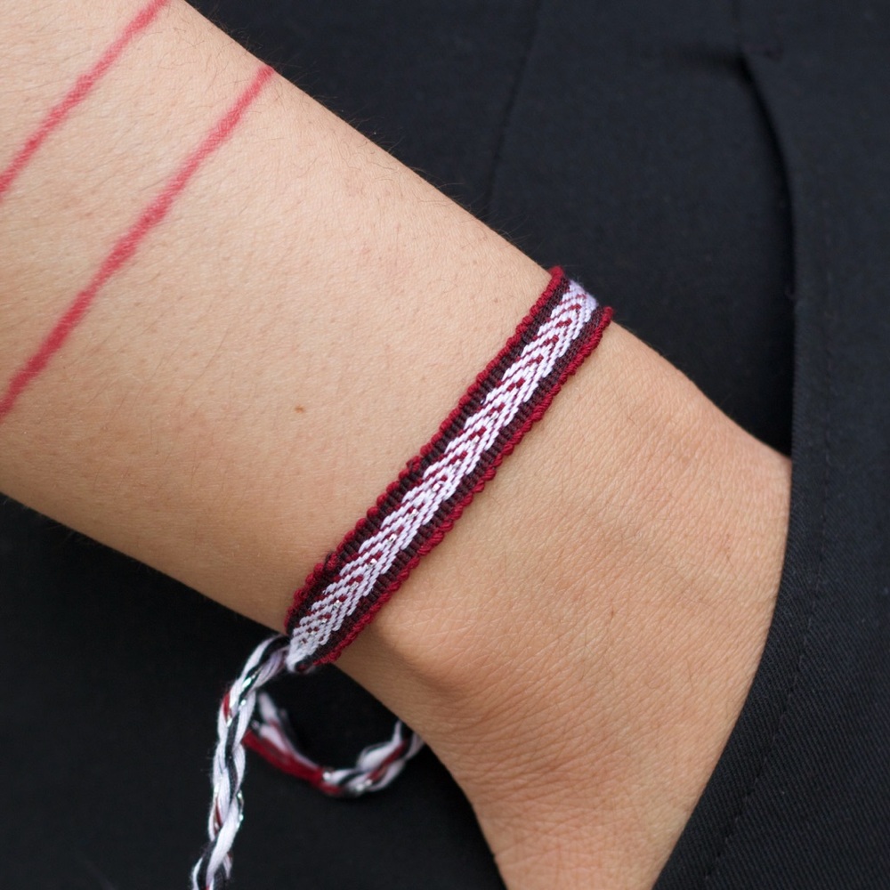 Boho Woven Bracelet, Dainty Bracelet, Maroon Red & White Woven Bracelet - Picture 2 of 3